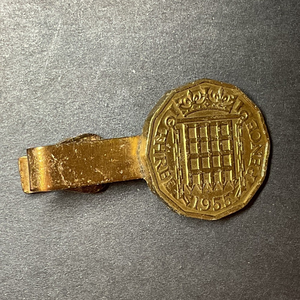 Vintage 1955 UK Three Pence Coin Tie Bar Clip Gold Tone Men Custom Jewelry